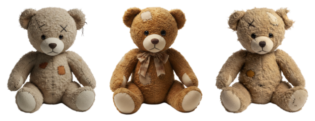 Trois ours en peluche tristes vintage, usés et rapiécés, sur fond transparent