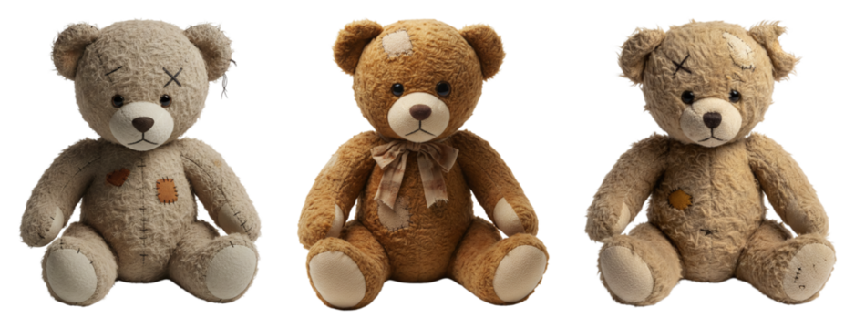 Trois ours en peluche tristes vintage, usés et rapiécés, sur fond transparent