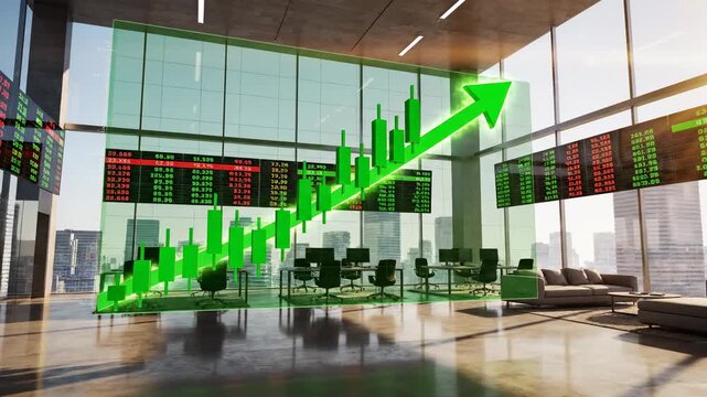 A Modern Financial Office Showcasing the Stock Market's Positive Trend with a Green Upward Arrow and Digital Displays Highlighting Market Data