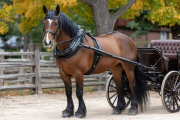 Horse pulling ornate carriage in autumn rural setting