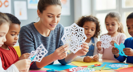 Kindergarten teacher teaches children paper snowflakes, Christmas routine in kindergarten.