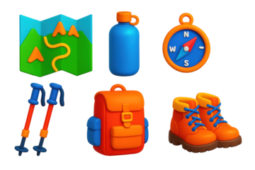 Set of cartoon characters with a backpack, compass, and ski poles