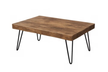Wooden coffee table with industrial hairpin legs, combining rustic and modern home decor elements, on a transparent background