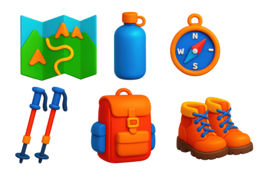 Set of cartoon characters with a backpack, compass, and ski poles