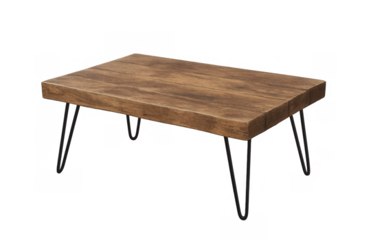 Wooden coffee table with industrial hairpin legs, combining rustic and modern home decor elements, on a transparent background