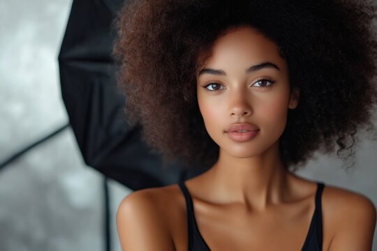 Black woman with afro hair posing in studio