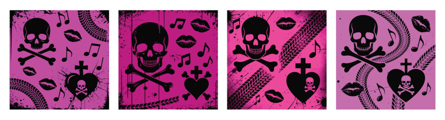Pink and Black Punk Gothic Skull and Crossbones Art Set Pink grunge background with skull and crossb