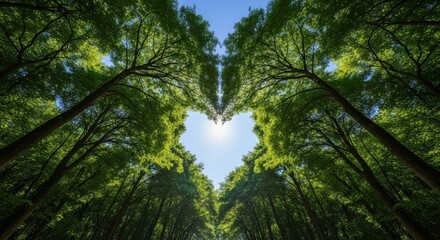 Fototapeta premium Sunlight shining through green trees forming a heart shape in a tranquil forest setting