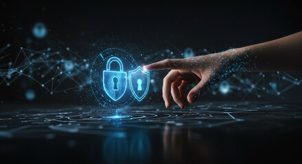 Human finger interacts with glowing digital shield and padlock icons, symbolizing network security and data protection in a futuristic cyber environment.