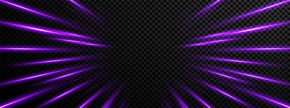 Hyperspace lightspeed purple effect with light fast and motion line texture. Trail layout for perspective or abstract use. Dynamic vector background for speed.