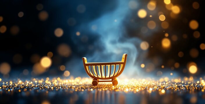 Golden shopping cart on a magical background with sparkling glitter and bokeh lights. Luxury e-commerce and online retail concept for sales and promotions