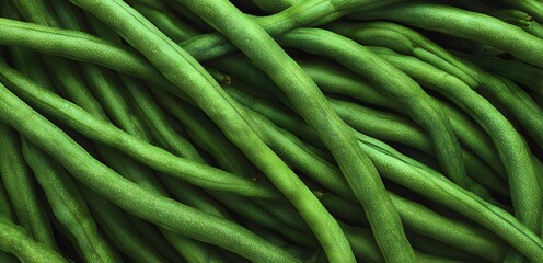 Vibrant yardlong beans form a lush green pattern across the frame. A bundle of yardlong beans lies intertwined in vivid green hues. Freshly harvested long beans.