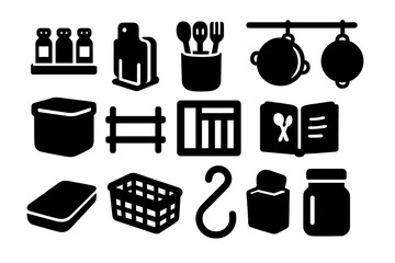 Kitchen Organization Icons. Solid style icons of Kitchen organization: spice rack, cutting board holder, utensil jar, pot rack,