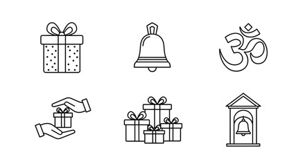 Festive icons: gift box, bell, om symbol in minimalist linear style
