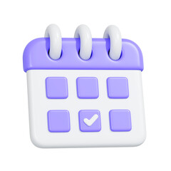 3D illustration of a purple and white calendar with a check mark, symbolizing a scheduled event, reminder, or completed task