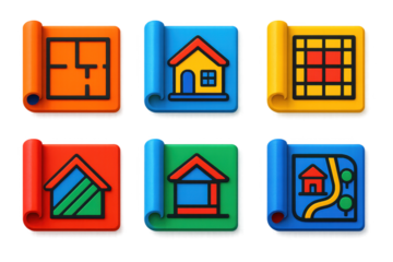 Set of six colorful stickers, each depicting a different house design
