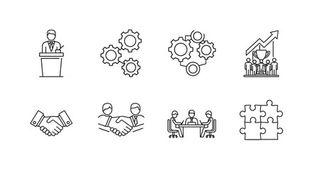 Linear business icons: teamwork, growth, and innovation in minimalist style