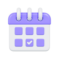 3D render of a purple and white calendar icon with a check mark, symbolizing planning, scheduling, or a completed task