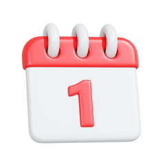 3D illustration of a white and red calendar icon showing the number one. Perfect for concepts of planning, scheduling, time management, and marking important dates