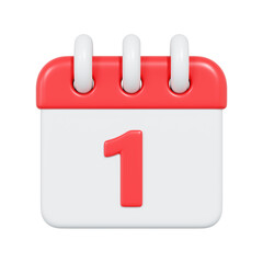 Minimal 3D illustration of a red and white calendar icon showing the number one. Perfect for representing the first day of the month, reminders, or scheduling concepts