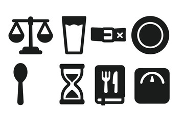 Vintage Fasting Tools Icons. Solid style icons of vintage fasting cure tools: Balance Scale, Water Glass, Restriction Belt, Empty