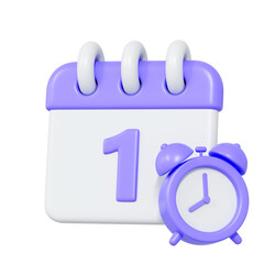 3D illustration of a purple calendar with number one and alarm clock icon