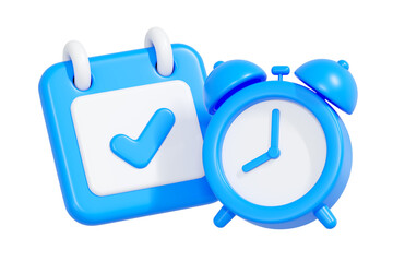 3D blue calendar with check mark and alarm clock symbolizing planning, reminders, and time management