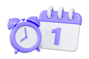3D illustration of a purple alarm clock next to a calendar showing the number one, symbolizing reminders, deadlines, planning, or important dates