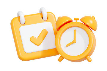 3D render of yellow calendar with check mark and clock symbolizing planning and time management