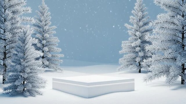 White 3D podium display in frosted forest with cool blue winter background and snow falling