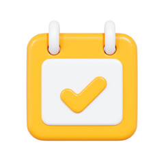 3D illustration of a yellow calendar icon with a white check mark symbol. Perfect for scheduling, reminders, completed tasks, and time management visuals