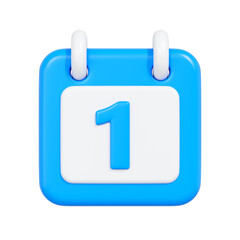 3D illustration of a blue calendar icon featuring the number one on a white background. Perfect for representing the first day of the month, scheduling, or planning events