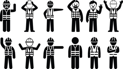 Construction worker stick figures wearing hard hats safety vests