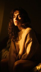 Woman in Sweater Relaxing on Couch in Dim, Cinematic Lighting