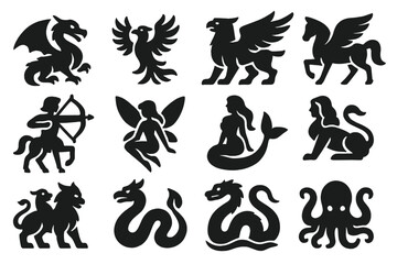 Obraz premium Mythical Creature Icons. Solid style icons of Mythical creatures: dragon, phoenix, griffin, pegasus, centaur, fairy, mermaid,