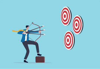 Multitasking or multiple purpose strategy, aiming for many targets or goal, skillful professional to achieve success in work and career concept, businessman aiming multiple bows on three targets. 