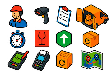 Vibrant Delivery Icons. Isometric vector illustration set delivery and shipping: courier in uniform, helmet with headset, package