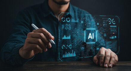 Visionary professional interacts with futuristic AI interface showcasing data analytics and advanced technology concepts on a digital display