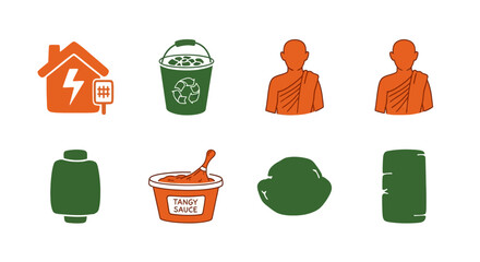 Eco-friendly icons: home, recycling, and monks in simple green and orange