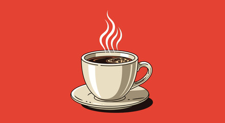 Obraz premium Aromatic coffee cup with rising steam on red background