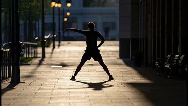 Silhouette of a person stretching outdoors in an urban setting during golden hour