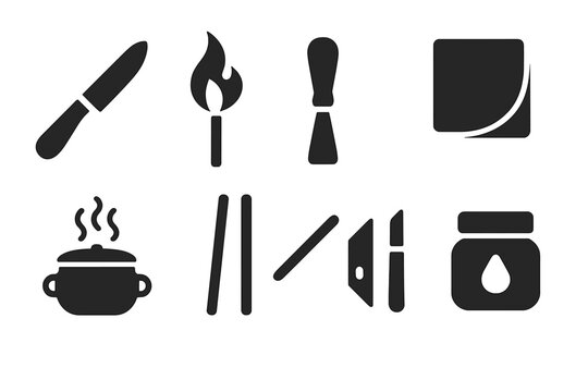 Scarification Tool Icons. Solid style icons of scarification tools: Carving Knife, Heated Iron, Bone Chisel, Clean Cloth, Ash Pot,