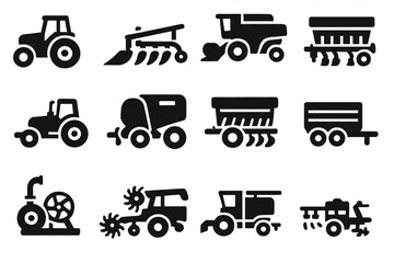 Farm Machinery Icons. Solid style icons of Farm machinery: tractor, plow, harvester, seed drill, cultivator, baler, trailer,