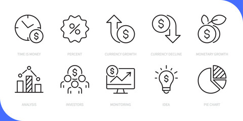 Finance & business line icon set. Time is money, percent, currency growth, decline, monetary growth, analysis, investors, monitoring, idea, pie chart sign, symbol. Vector illustration.Editable stroke.