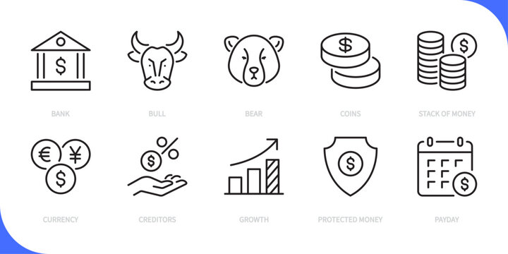 Finance & business line icon set. Bank, bull, bear, coins, stack of money, currency, creditors, growth, protected money, payday, dollar sign, symbol. Vector illustration. Editable stroke.