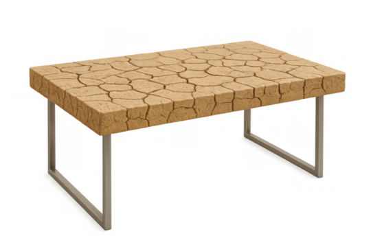 Cracked earth texture table representing drought and climate change on a modern furniture design, transparent background