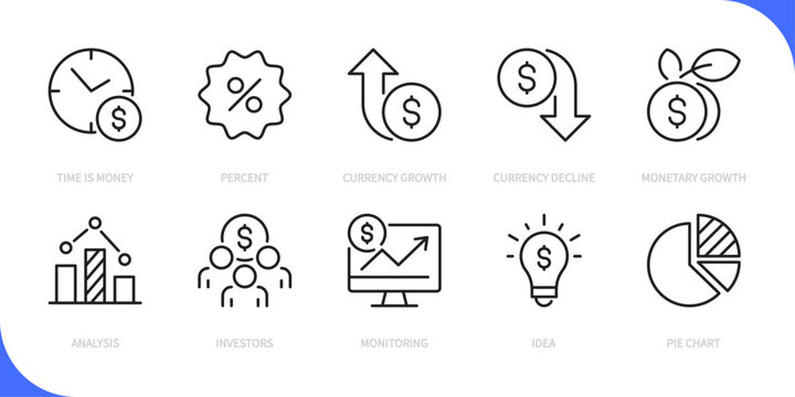 Finance & business line icon set. Time is money, percent, currency growth, decline, monetary growth, analysis, investors, monitoring, idea, pie chart sign, symbol. Vector illustration.Editable stroke.