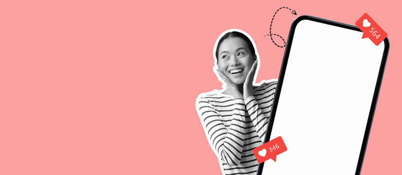 A woman expresses joy and surprise while looking at her smartphone, highlighting social media likes and engagement. This vibrant collage showcases modern digital interaction. - Powered by Adobe