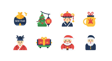 Naklejka premium Flat style new year and christmas icons featuring santa, gifts, and decorations