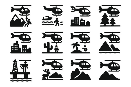 Adventure Travel Icons. Solid style icons of Adventure and travel: mountain rescue, coastal patrol, desert survey, forest - Powered by Adobe